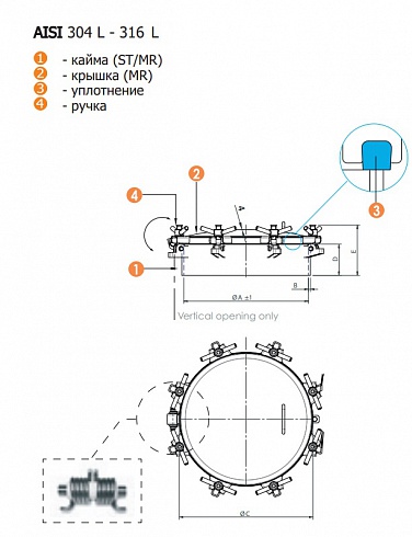 6025RP Люк (лаз) кольцевой нержавеющий — DIN, AISI 304/AISI 316L