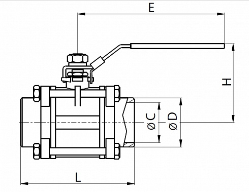 40650 Шаровой кран проходной из трех частей нержавеющий С-С — DIN, AISI 304